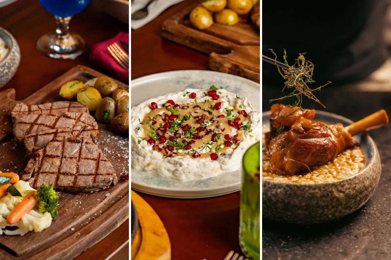 40+ Best Turkish Restaurants in Dubai Where Every Dish Encapsulates the Culinary Essence of the Land 1 A three-part image of gourmet dishes: grilled steak with veggies, creamy dip with pomegranate seeds, and tender lamb shank on a barley bed.