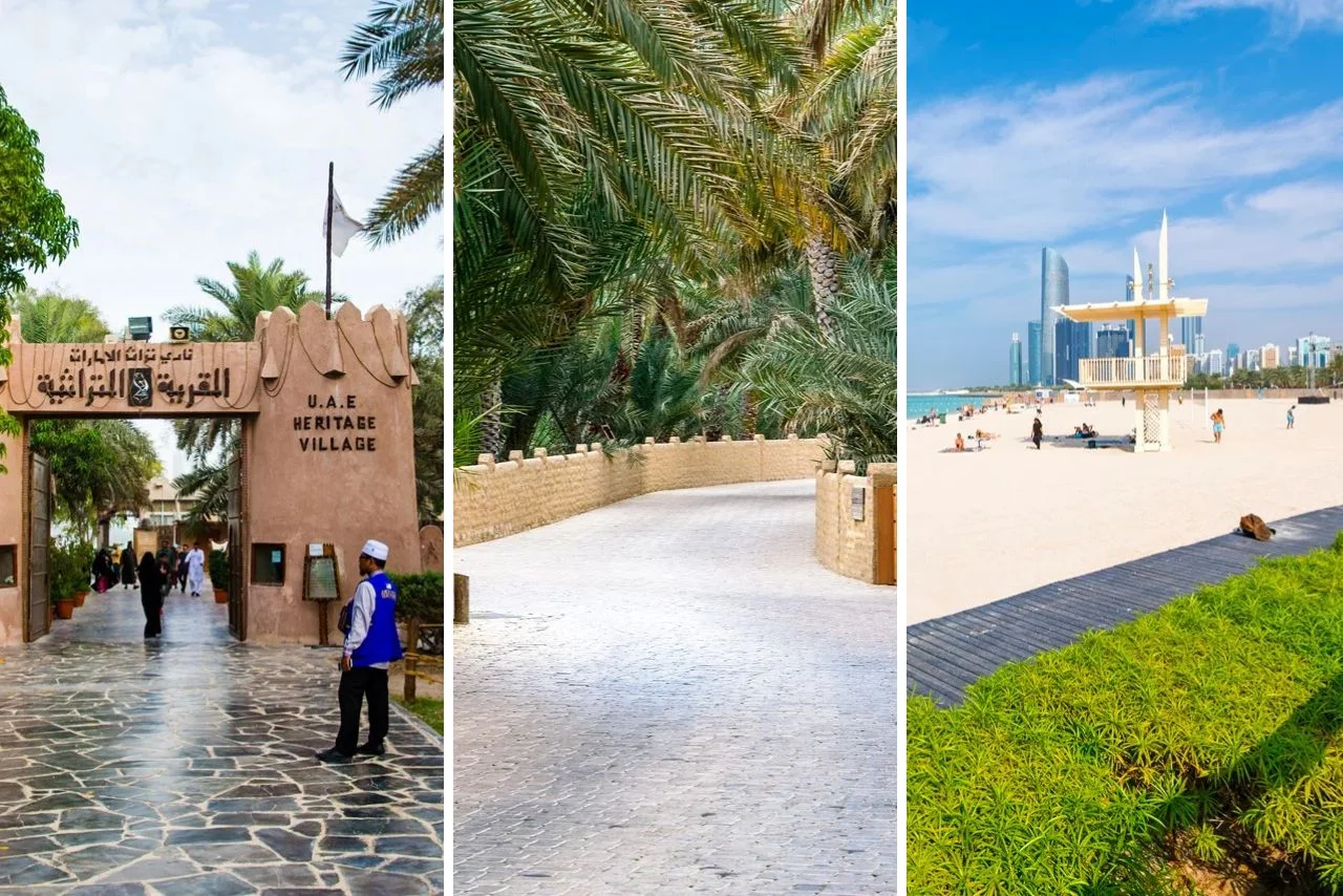 The image is a collage of three scenes: a stone-paved entrance to the UAE Heritage Village, a lush palm-lined path, and a sunny beach with city skyline.
