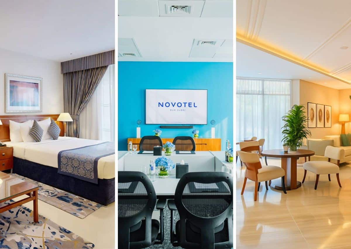 Split image showing a hotel room with a cozy bed, a bright meeting room with "Novotel" on a screen, and a stylish lounge area with warm lighting.
