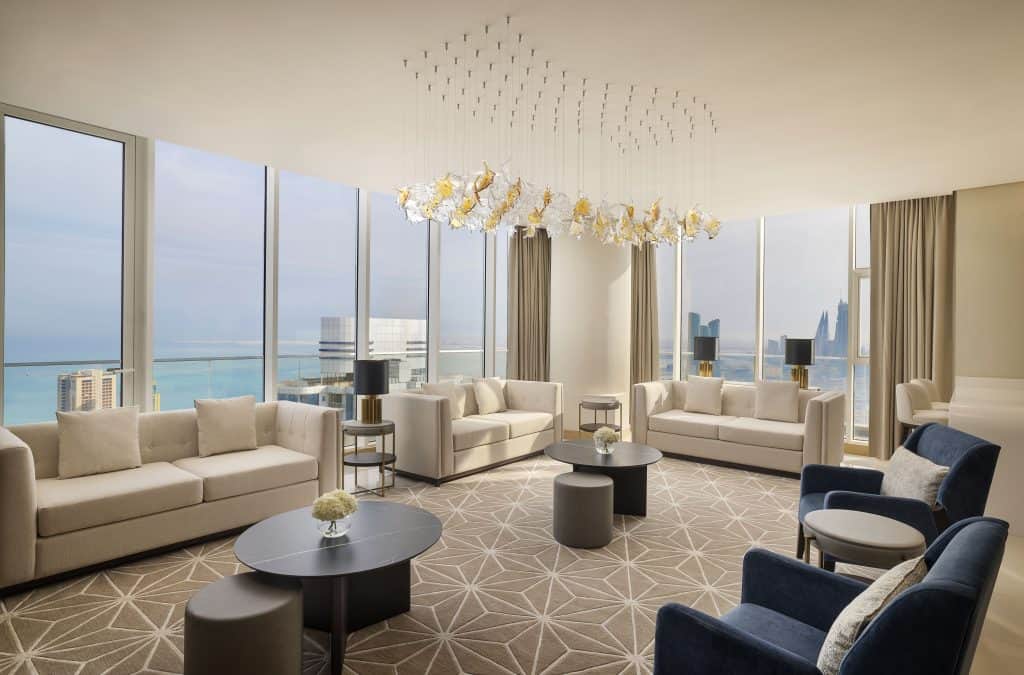 Hilton Bahrain City Centre Hotel & Residences is Officially Open in Manama 1 Travel to Dubai - Hilton Bahrain City Centre Hotel & Residences is Officially Open in Manama - Photo: K1DVP2 Living room with balcont and view