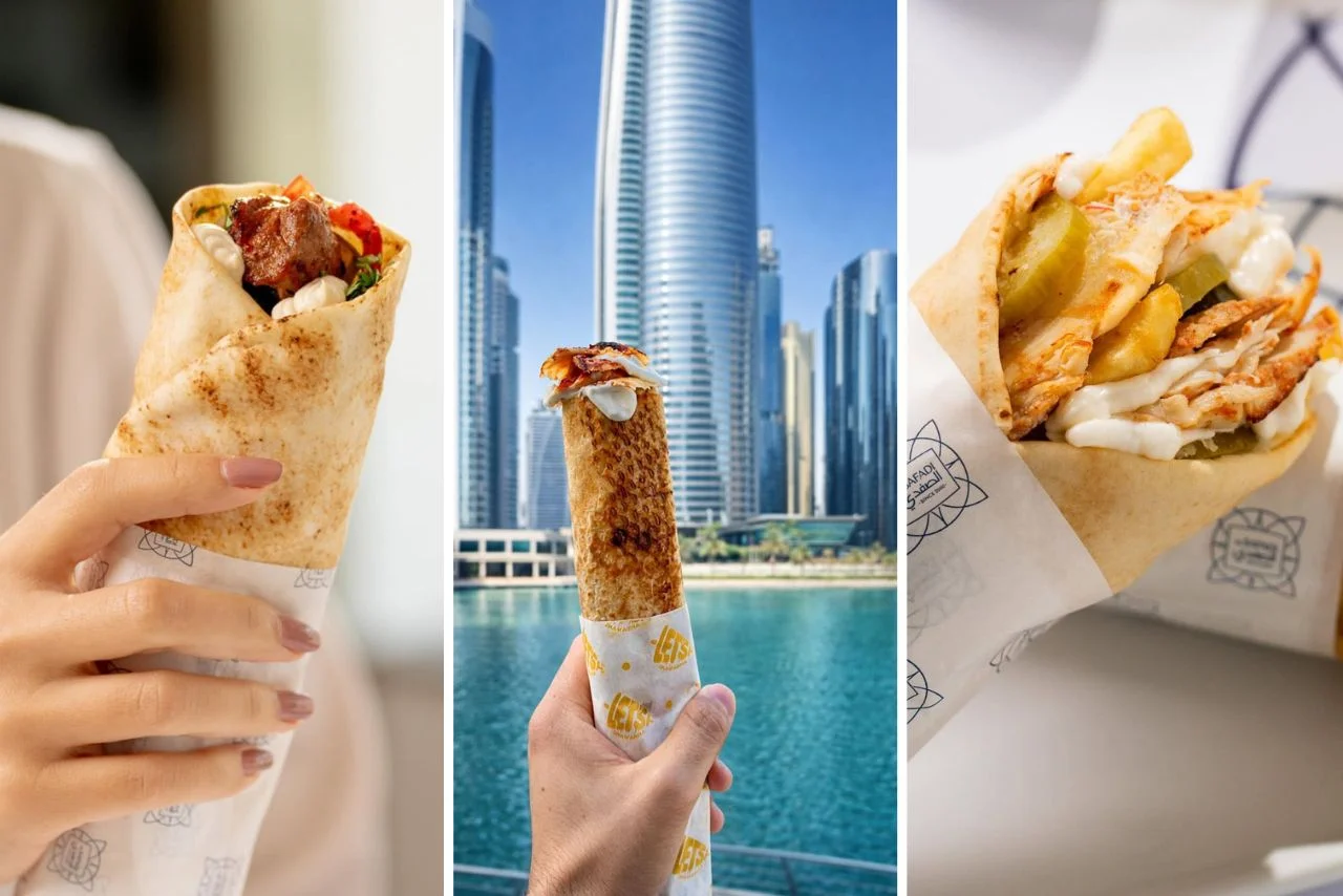 Three images of shawarma wraps: left, hand holding a wrap; center, wrap with city skyscrapers in background; right, close-up of wrap with fries and sauce.