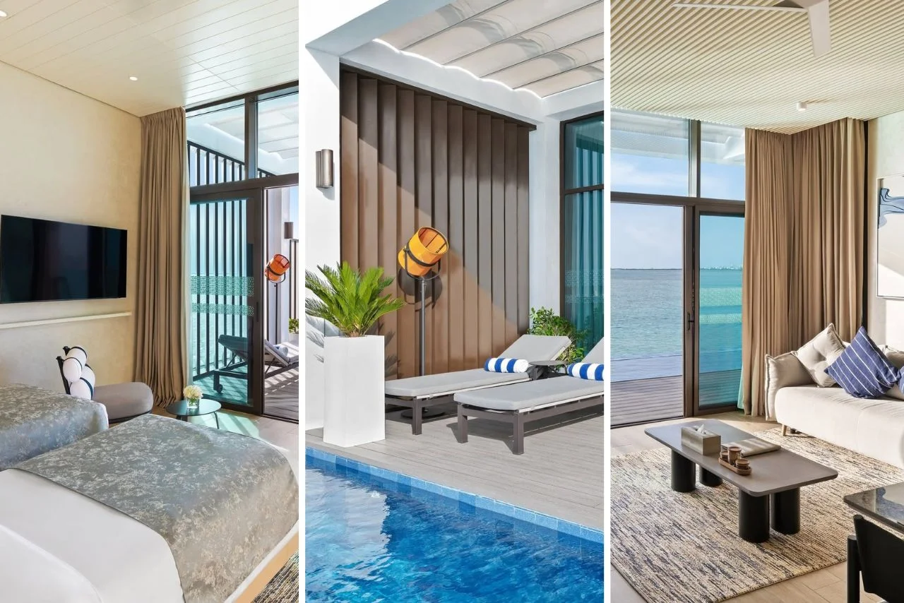 Luxurious hotel rooms with modern decor. Left: Double beds, sea view; center: Poolside lounge chairs; right: Cozy seating area, ocean panorama.