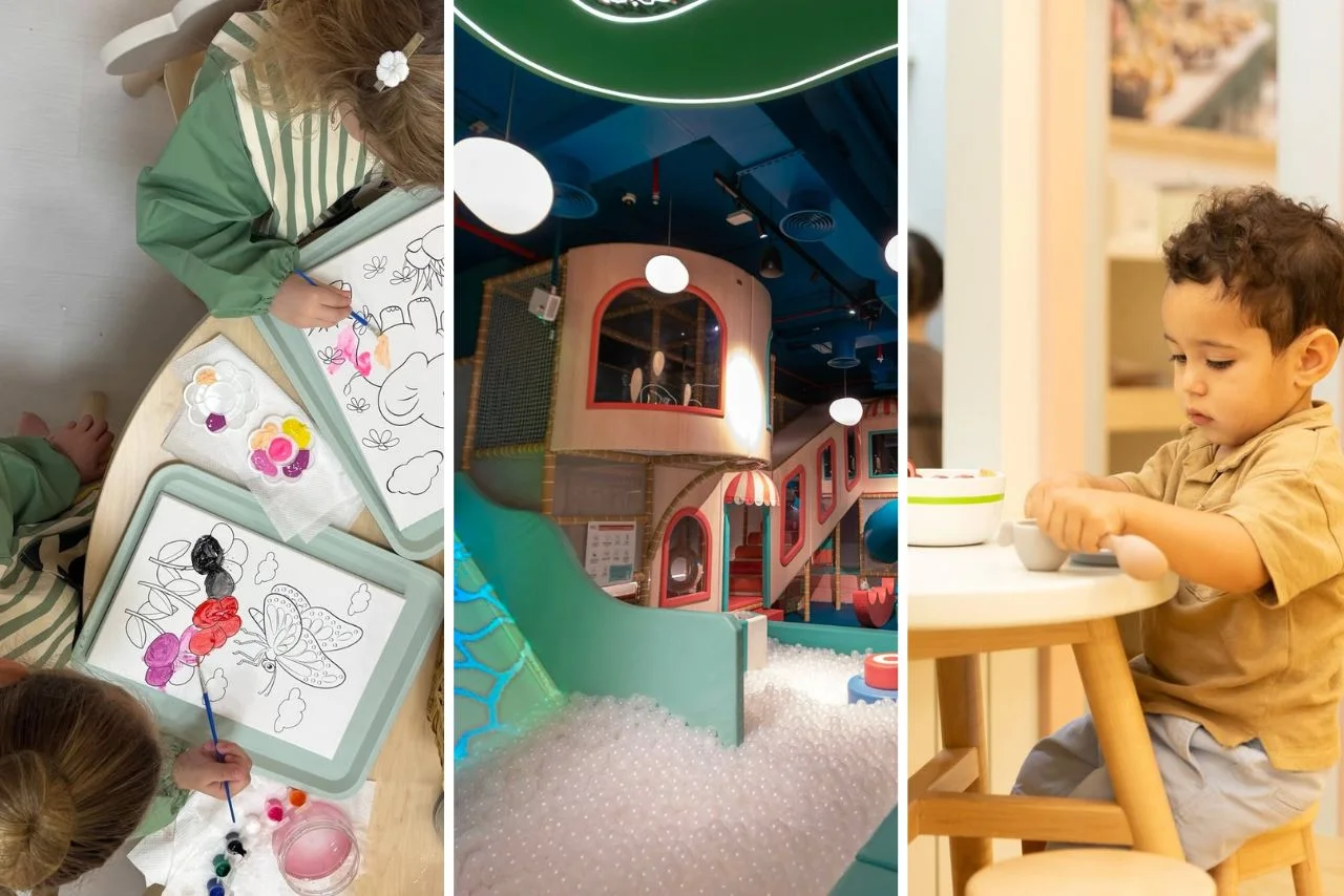 Children engaging in activities: left, a child paints a butterfly drawing; center, an indoor playground with slides and a ball pit; right, a child at a table, focused.