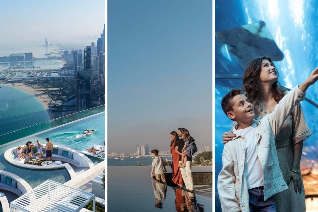 A vibrant collage of Dubai attractions: a rooftop pool with city skyline, a family by an infinity pool, and people admiring a large aquarium with sharks.