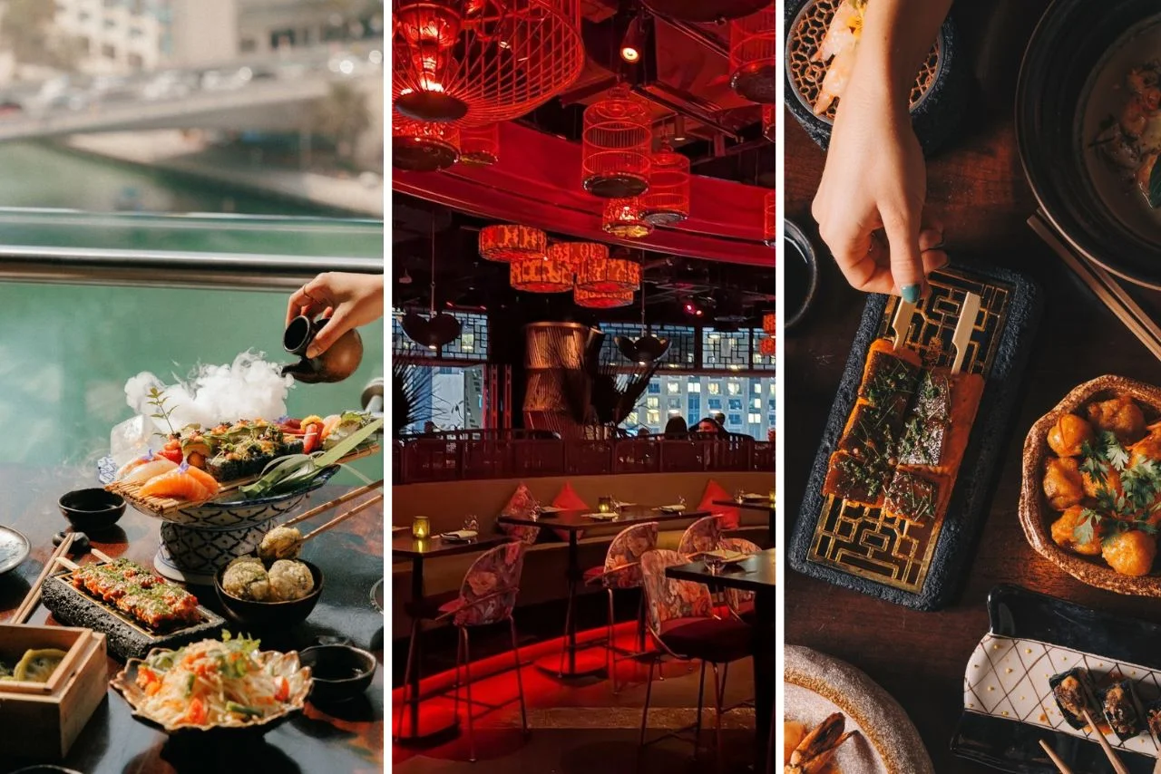 Asia Asia Dubai Marina: Three-panel image: left, a hand pouring soy sauce over a vibrant sushi platter with a river view; middle, dimly lit, red-accented restaurant interior; right, a hand reaching for a dish of elegant plated skewers and garnished appetizers.
