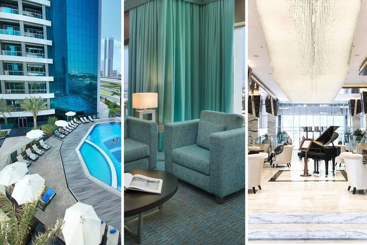 Triptych showing hotel amenities: left, an outdoor pool with loungers; center, a cozy lounge area with teal armchairs and curtain; right, a grand lobby with a piano and chandelier.