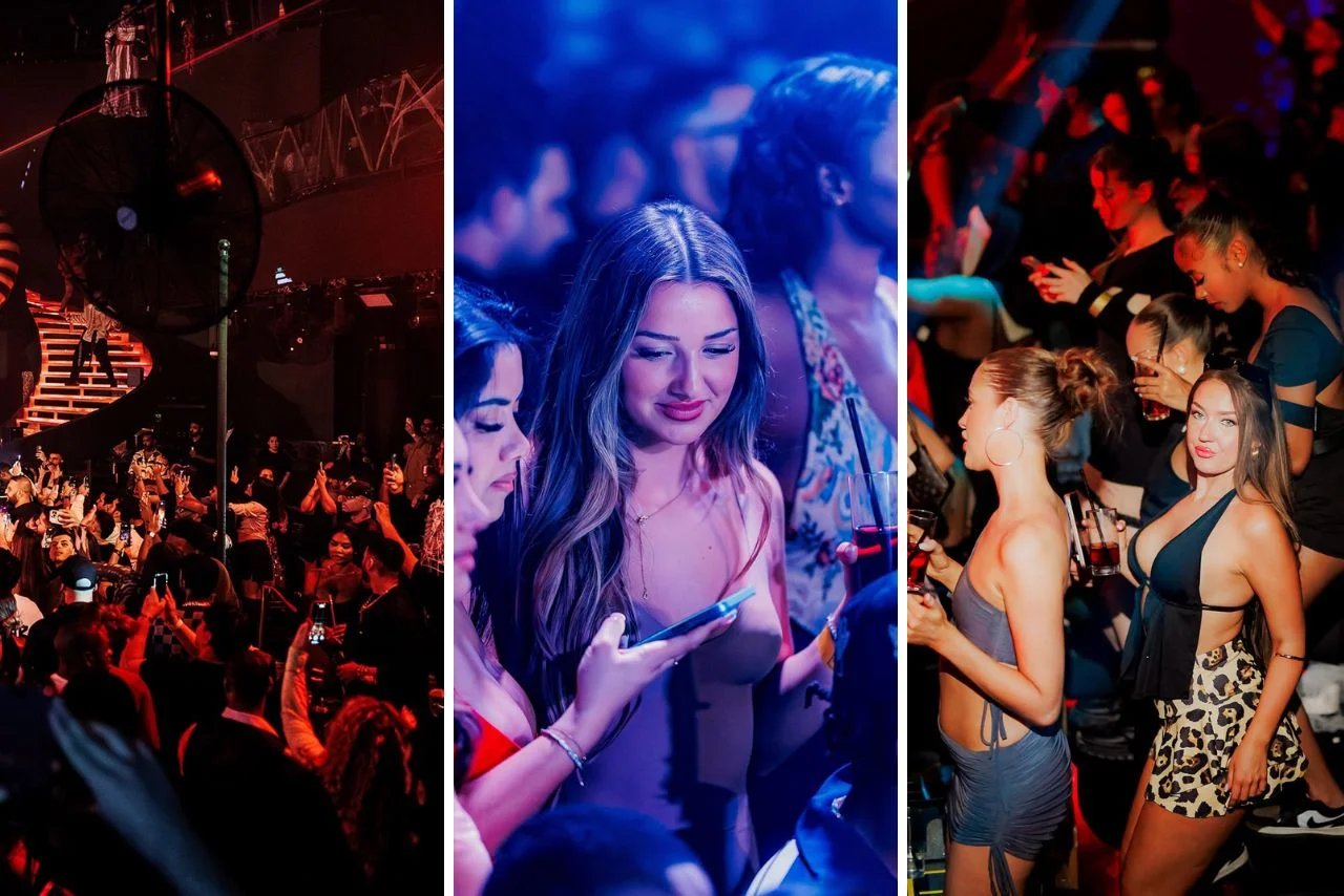 BLU Dubai 2 Split image of a lively nightclub scene: left shows a large crowd with red lighting, center highlights a smiling woman looking at her phone, right depicts people dancing.