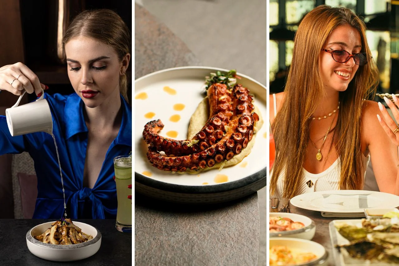 A triptych showcases culinary moments: a woman in blue pours sauce onto pasta; a plate with grilled octopus garnished elegantly; a smiling woman in sunglasses dines joyfully.