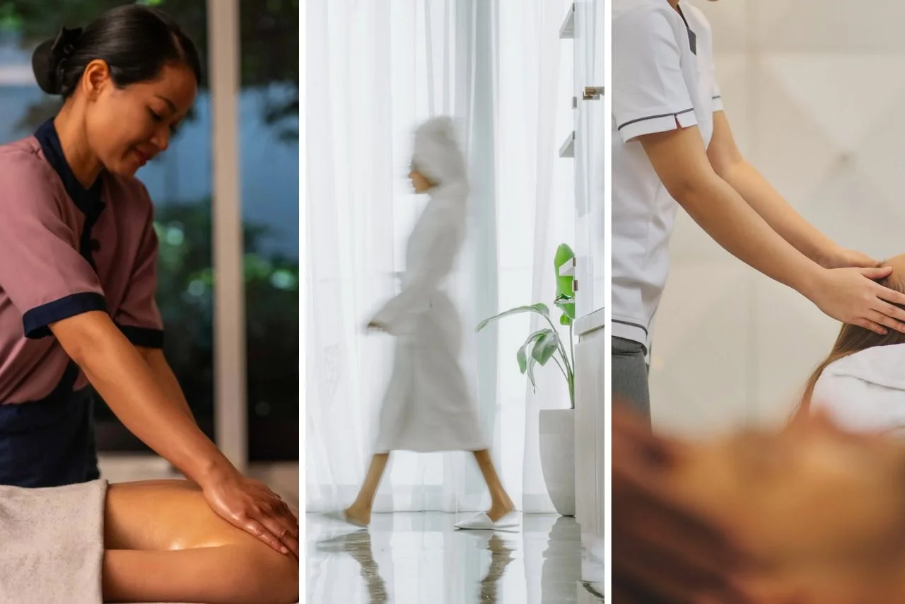 A triptych image shows a serene spa setting: left, a woman enjoying a leg massage; center, a blurred figure in a robe walking; right, a head massage.