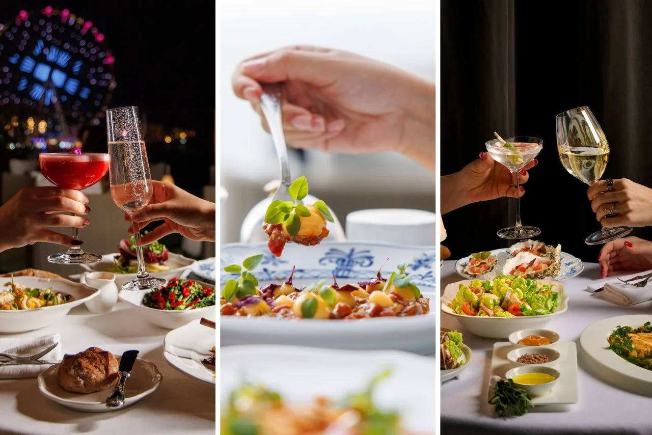 Three scenes of elegant dining: left shows hands toasting with cocktails against a lit ferris wheel; center a hand holds a spoon over gourmet food; right features hands with wine glasses over a table of seafood and salads.