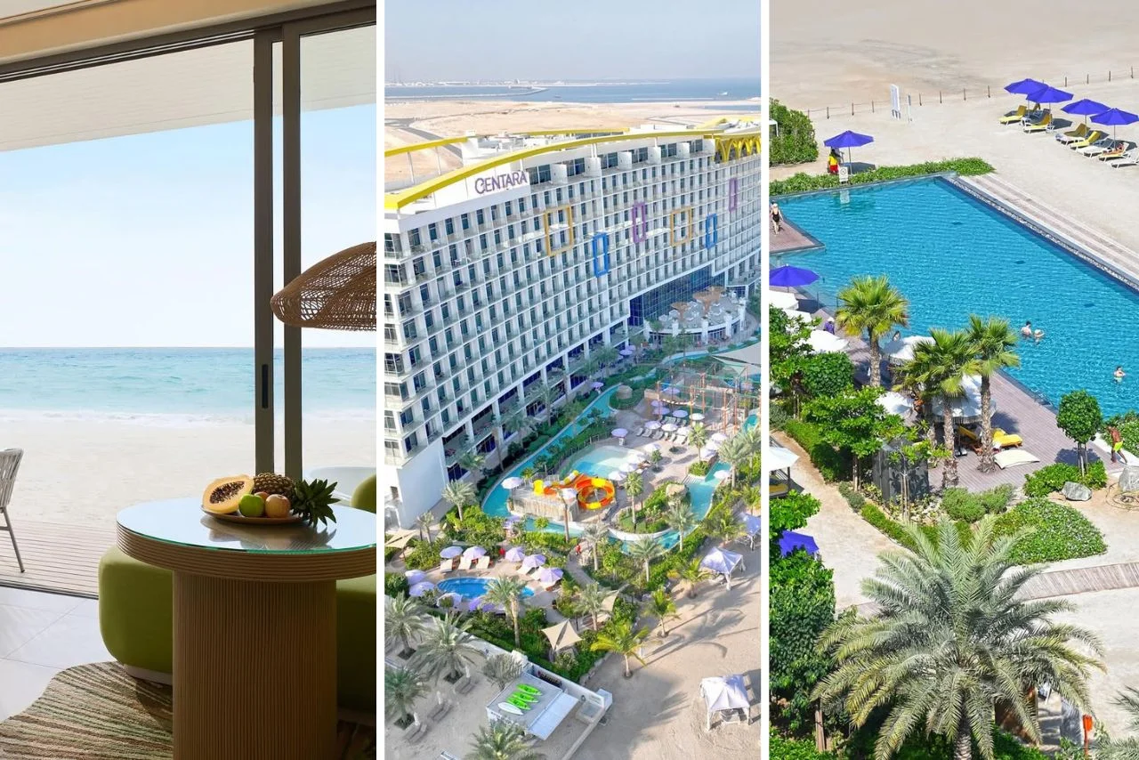 Three-image collage: beach view from a room with a table of fruit, an aerial view of a resort with colorful play areas, and a poolside scene with umbrellas.