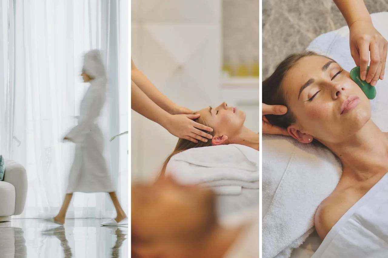 A serene spa scene: a person in a white robe walks past a bright curtain, and two close-ups show a woman getting a head massage and a jade facial massage.