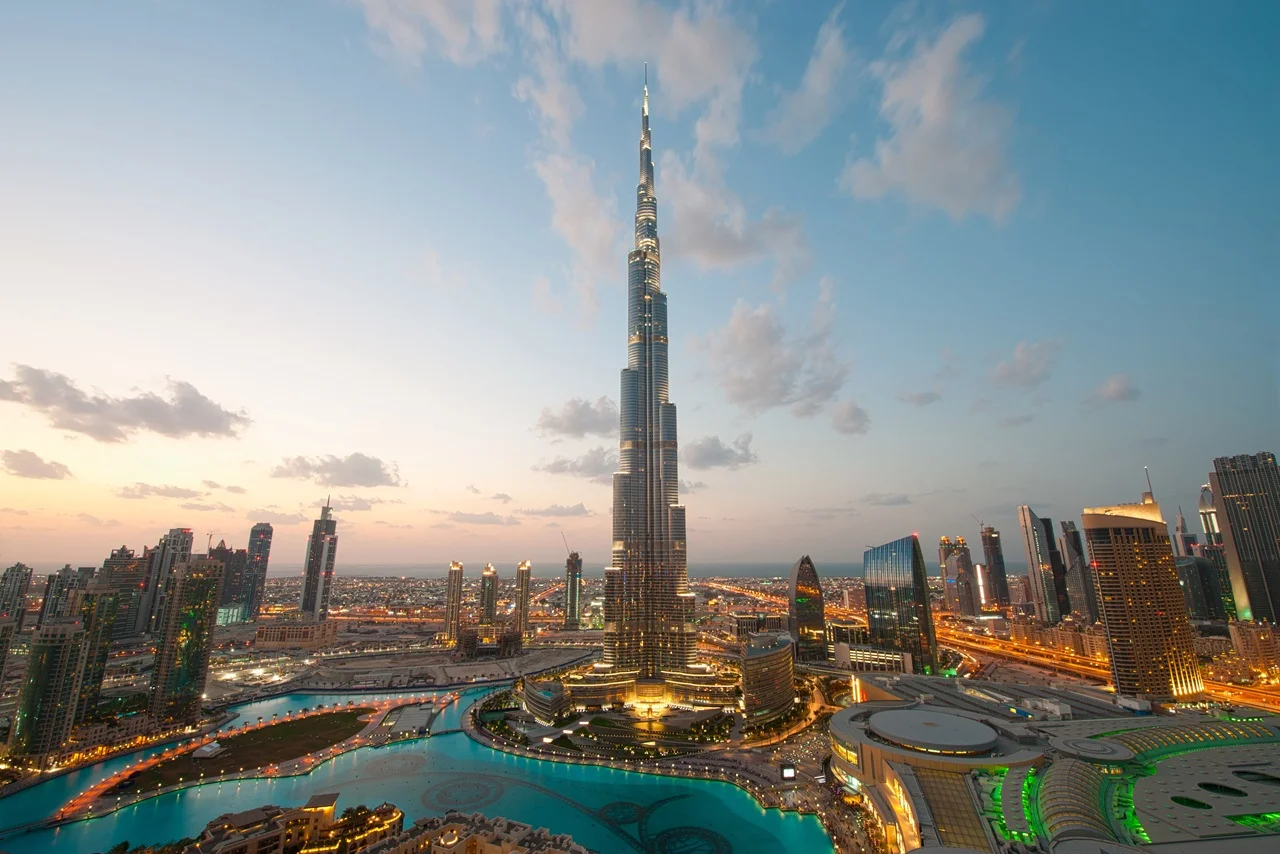City lights in Dubai at sunset