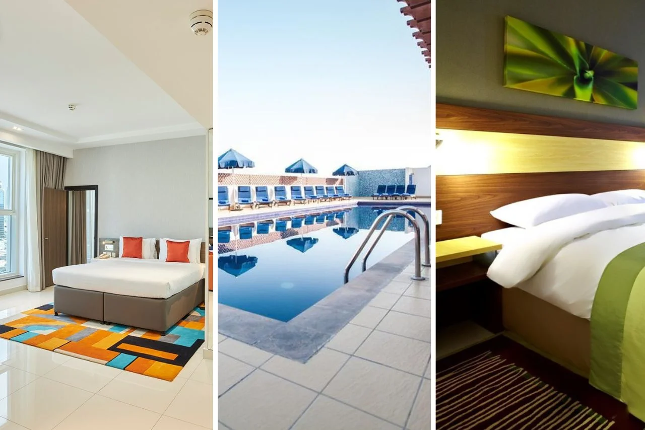 Split image showing a hotel room with colorful rug, a serene pool with umbrellas, and a cozy bedroom with green accents. Inviting and relaxing atmosphere.