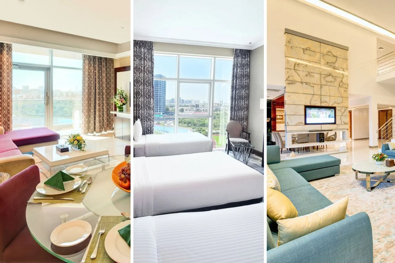 Three modern interiors: a dining area with a scenic view, a bright bedroom with twin beds and cityscape, and a spacious living room with plush seating.