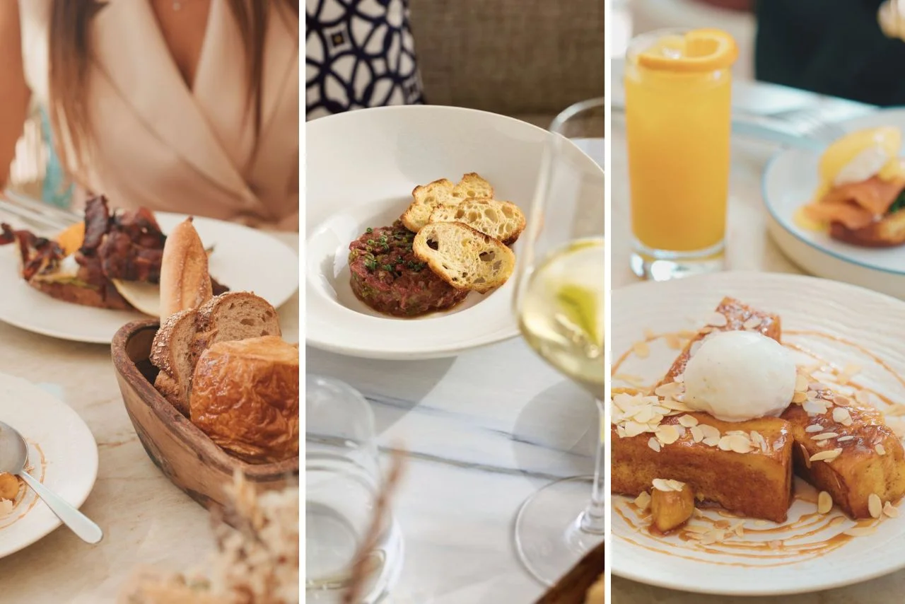 A collage of three brunch dishes: a charcuterie board, steak tartare with crostini, and French toast topped with whipped cream and almonds.
