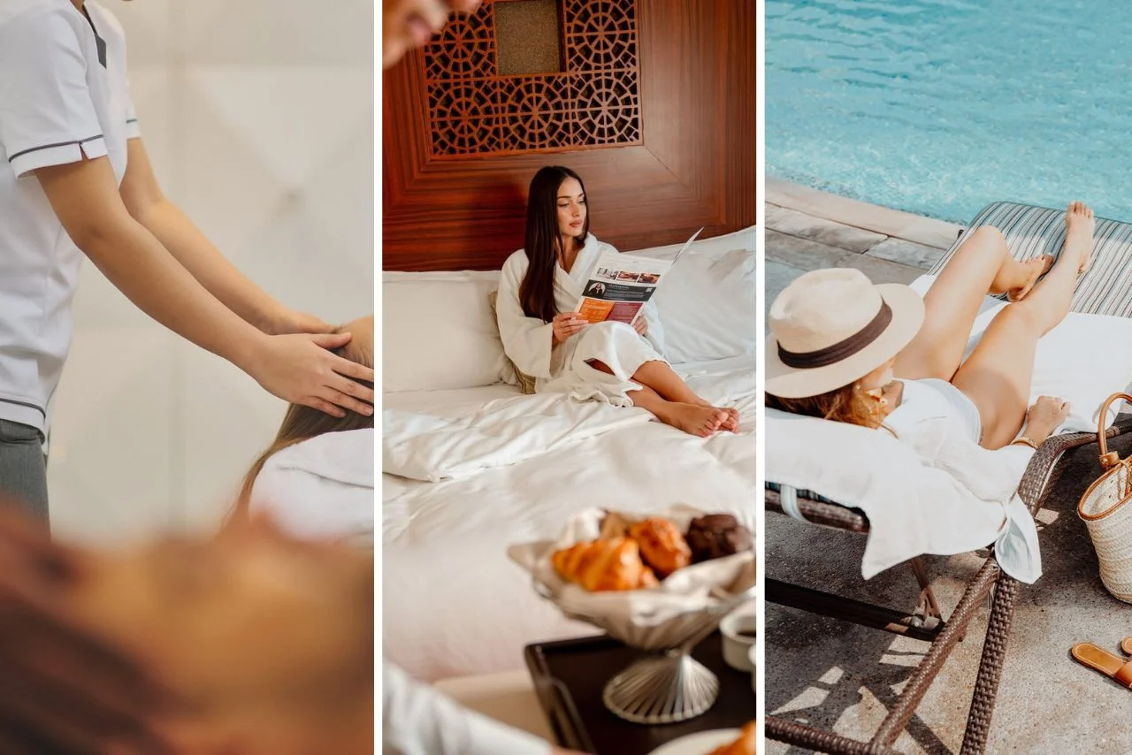 Collage of relaxation: head massage, woman reading in bed, and sunbathing by a pool. Warm tones convey tranquility and leisure.
