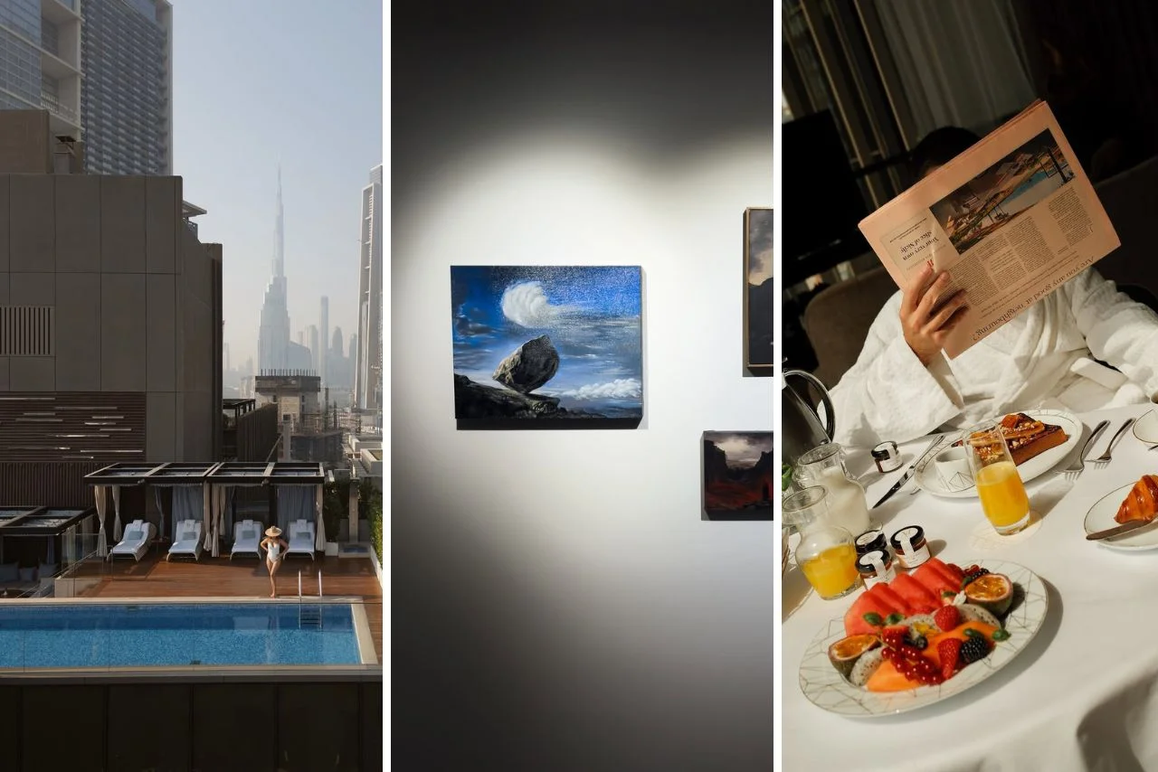 Triptych image: Left: City skyline with pool, person lounging; Middle: Wall art with dramatic sky painting; Right: Luxurious breakfast with newspaper.