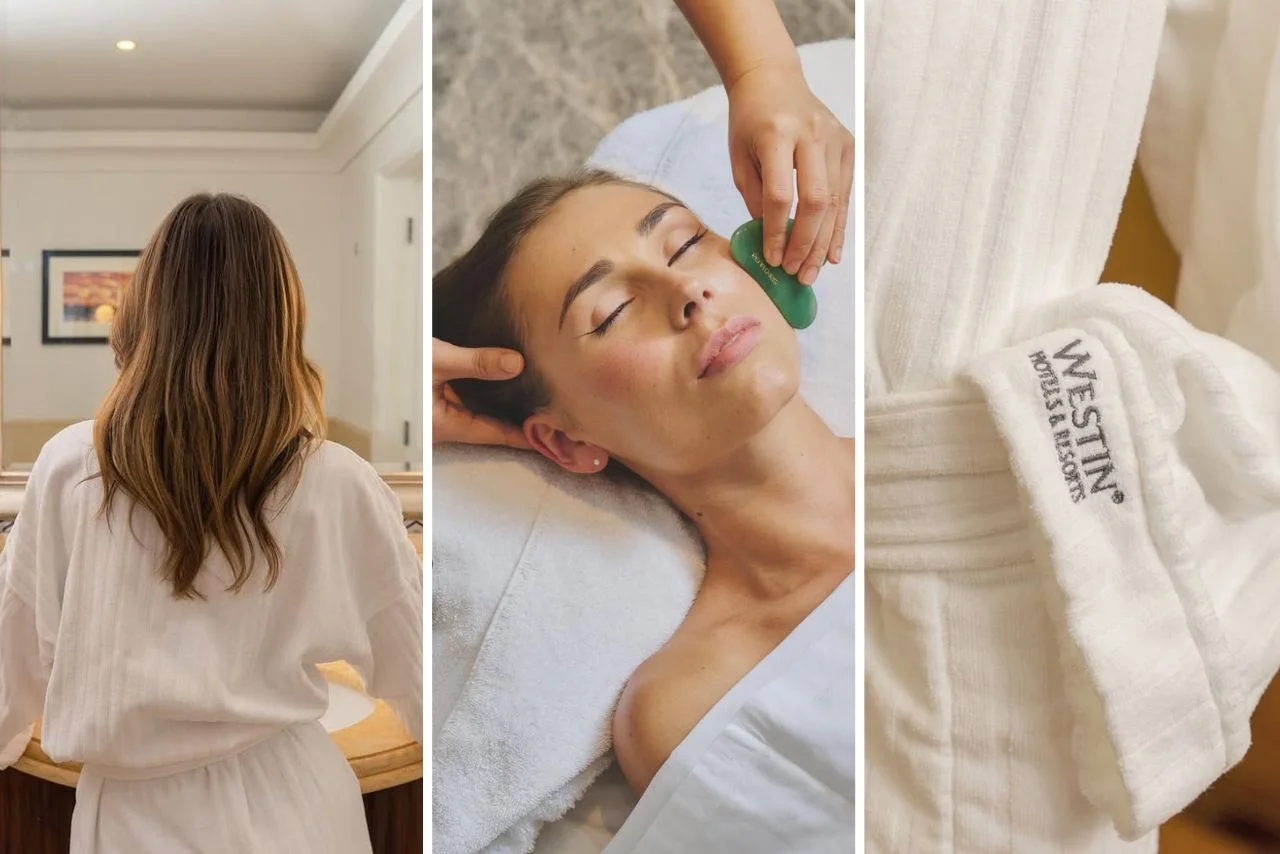 A woman in a spa robe stands in front of a mirror; a facial massage with a green jade tool is performed; close-up of a robe with Westin logo. Calm, relaxing atmosphere.