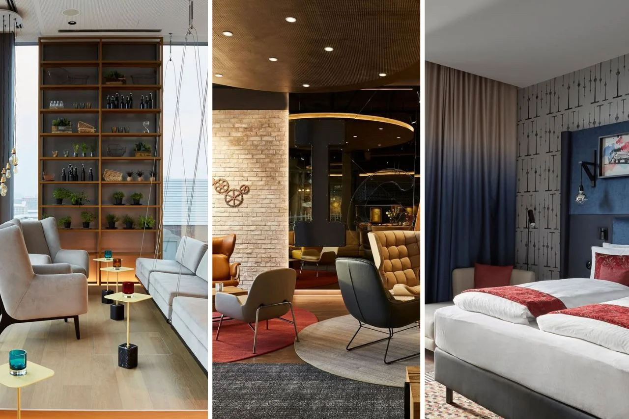 Modern hotel interior collage: cozy lounge with grey sofas and plants, elegant lobby with brick accents, and stylish bedroom with red and grey tones.