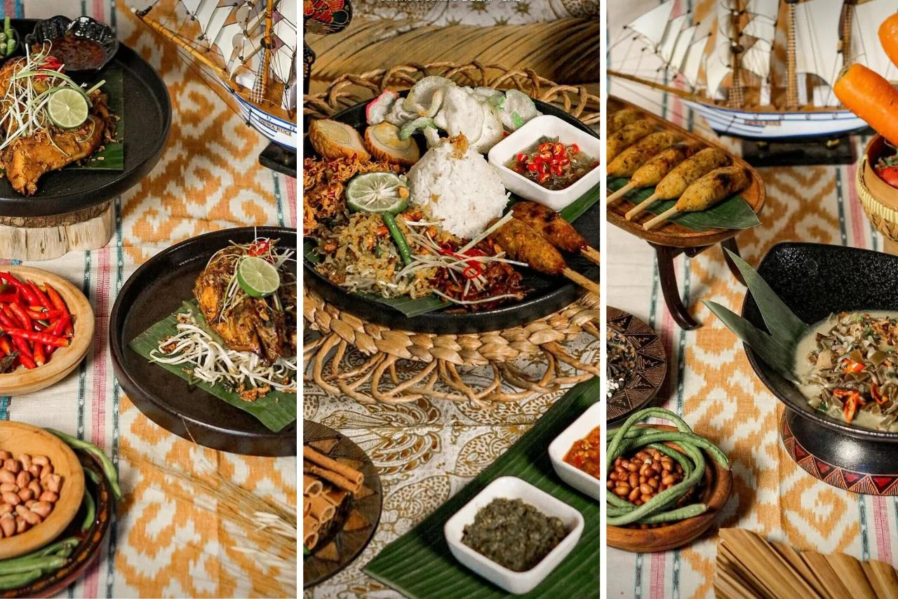 A collage of Indonesian dishes featuring vibrant plates with rice, grilled meats, vegetables, and chili sauce. Surroundings include spices and peanuts, evoking rich, traditional flavors.