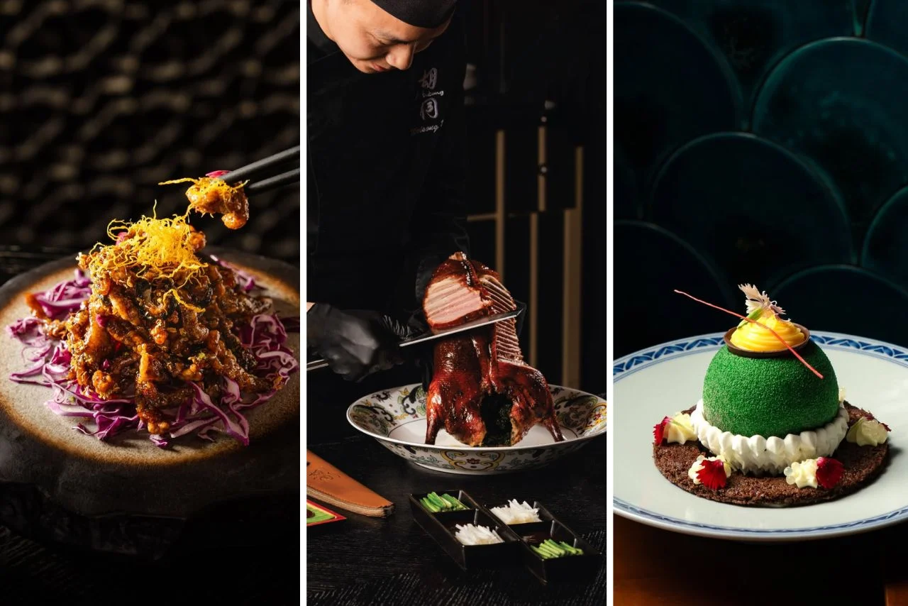 A three-panel image showcases exquisite dishes. Left: a spicy dish with noodles and cabbage on a stone plate. Center: a chef carves a roast duck. Right: a green dome dessert on a decorated plate, garnished with flowers, exuding elegance and culinary artistry.