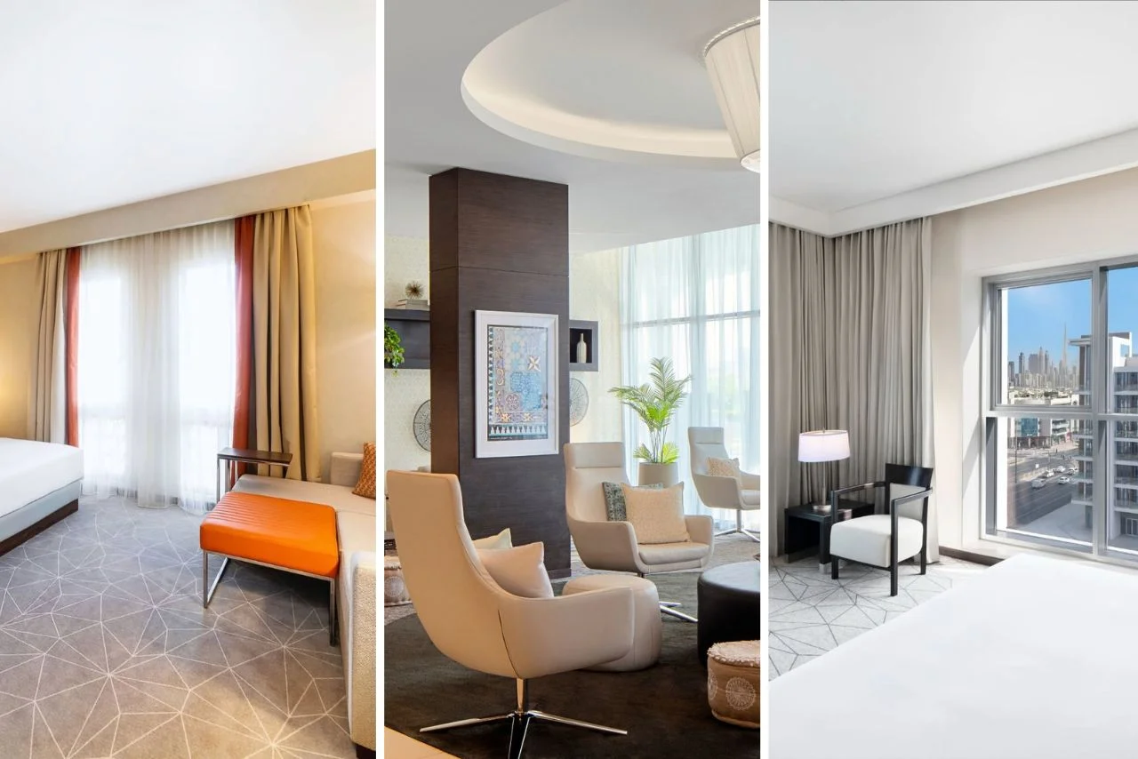 Three modern rooms are shown: a bedroom with orange accents, a cozy grey and beige lounge with plants, and another bedroom with a city view. Elegant and inviting.