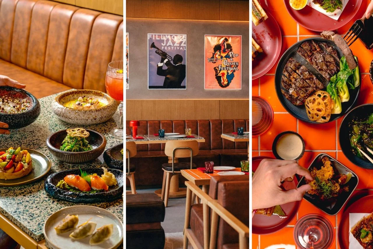 Three-panel image of a cozy restaurant. Left: Exquisite Asian dishes on a speckled table. Center: Brown booth seating with jazz posters. Right: Hands enjoy vibrant steak and salad.