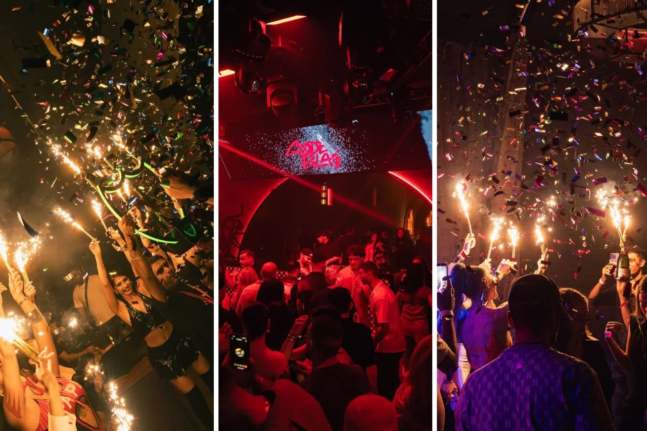 Triple-image collage of a club scene. Left and right panels: people wave sparklers amidst colorful confetti. Center panel: crowd under red lighting, DJ booth visible. Party atmosphere.