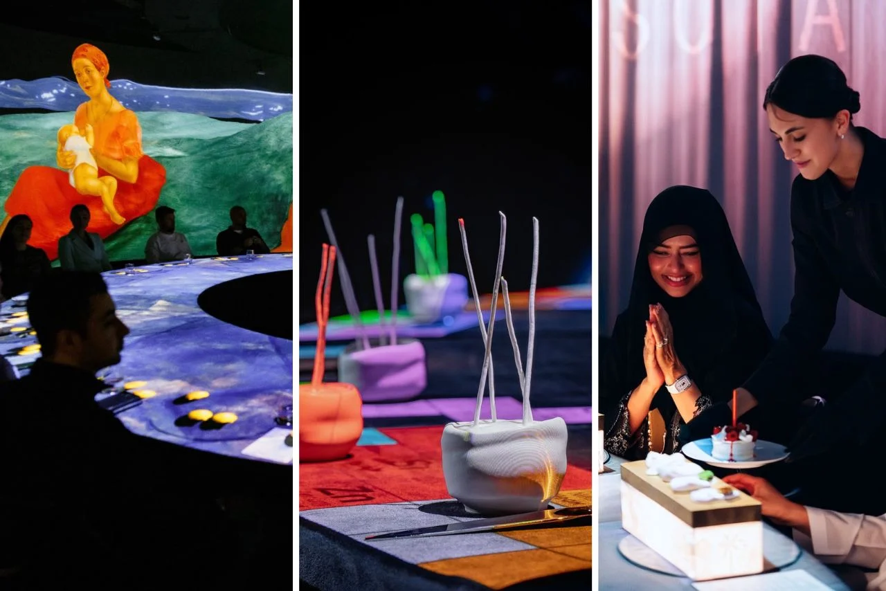 A vibrant triptych. Left: A colorful digital mural of a woman on a circular table with people seated around. Center: Brightly lit abstract objects with sticks. Right: A server presents a dish to a smiling, seated woman in a dark setting.