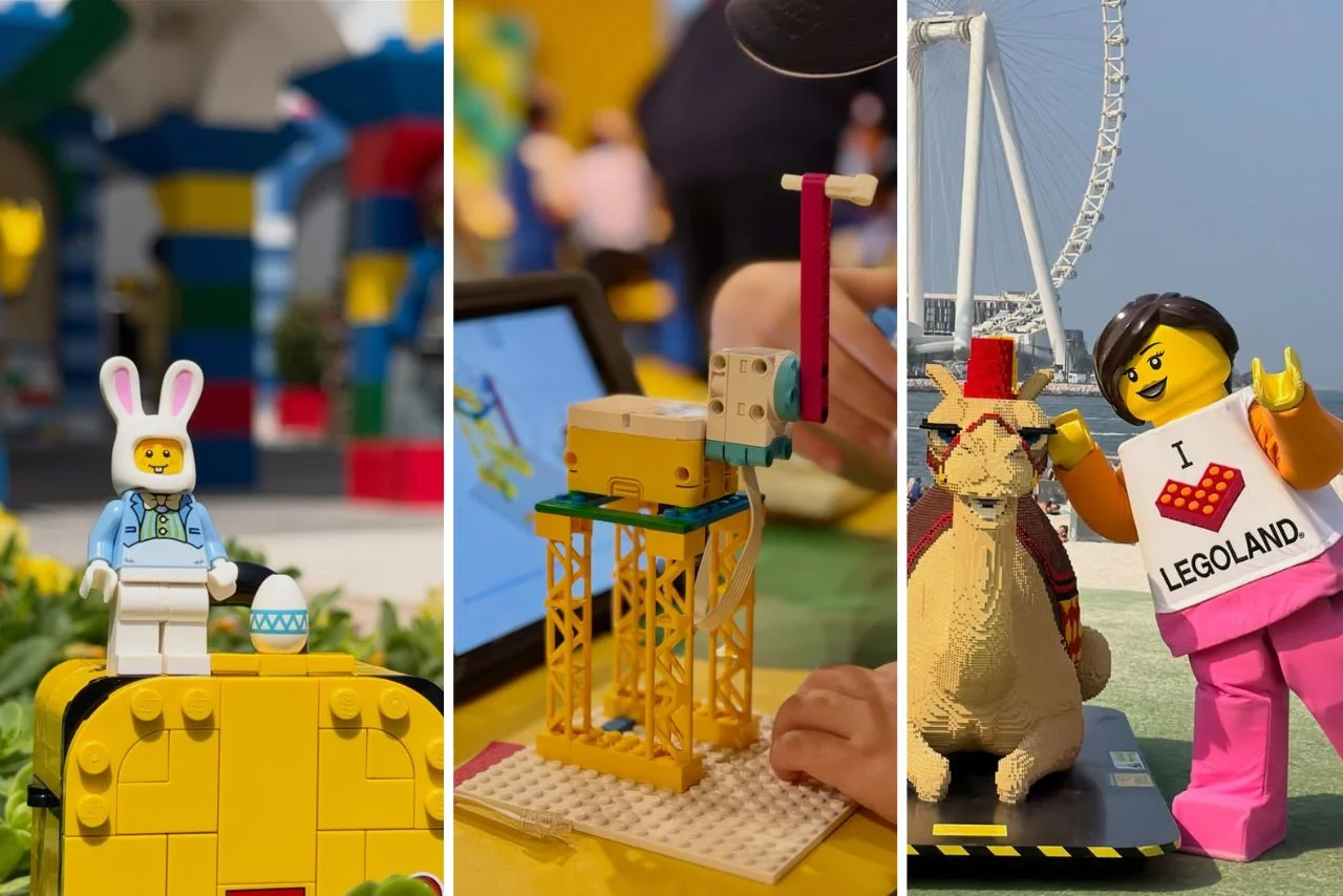 A collage of three images: Left, a Lego figure with bunny ears and an egg on a yellow platform. Center, hands working on a colorful Lego build. Right, a Lego figure and a camel with a Ferris wheel in the background, creating a fun, playful atmosphere.