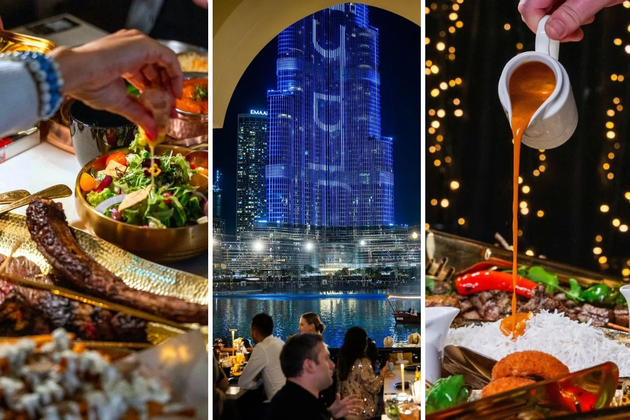 A triptych image: Left shows a hand reaching for a vibrant salad beside a grilled steak. Center features a view of a tall, illuminated skyscraper from a restaurant with people dining outside. Right depicts sauce being elegantly poured over a dish of rice, vegetables, and meat in a festive setting with bokeh lights. Emphasis on luxury dining and city nightlife.