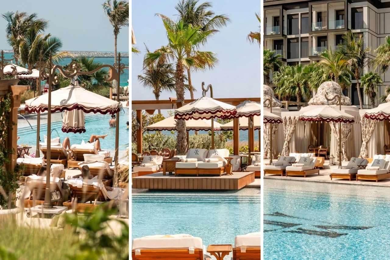 Luxurious poolside scene with plush lounge chairs, elegant umbrellas, and palm trees. Relaxed atmosphere under a clear blue sky, evoking tranquility.