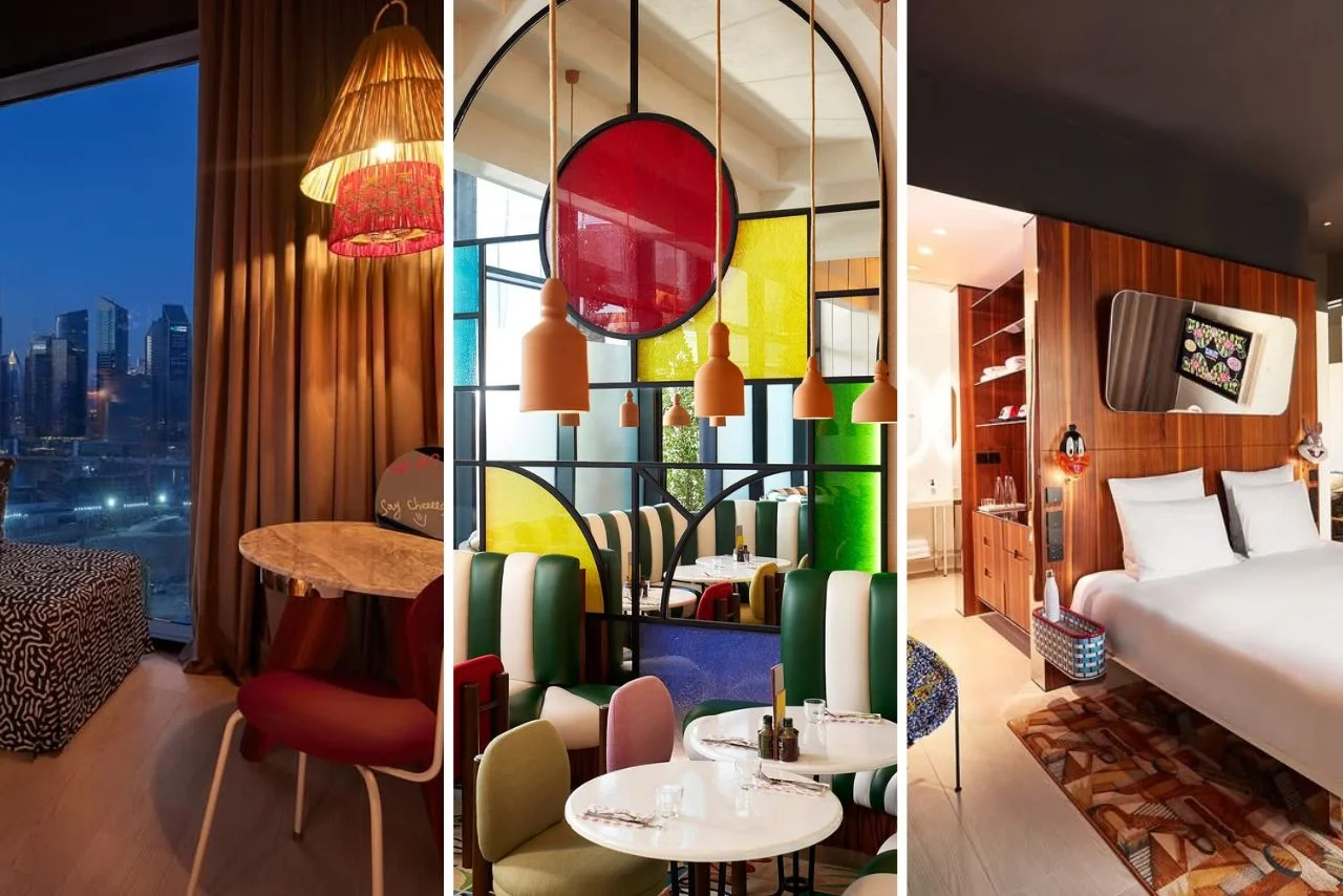 Three hotel interiors: a cozy room with city view, a vibrant dining area with colorful decor and patterns, and a modern bedroom with wooden accents.