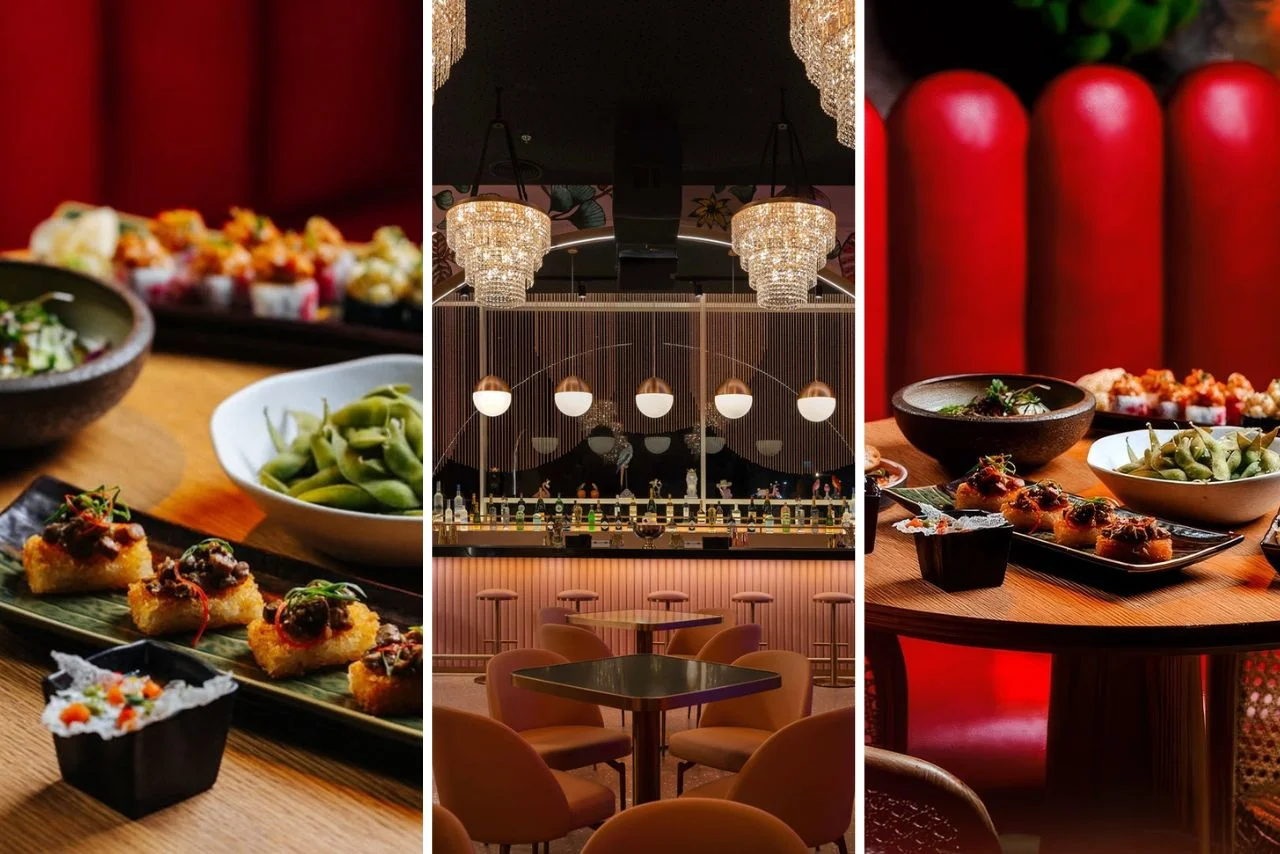 Three-panel image: Left and right panels show artfully arranged sushi and appetizers on wooden tables with red booth seating. Center panel highlights an elegant bar with chandeliers and modern lighting, featuring a stylish setting and comfortable seating.
