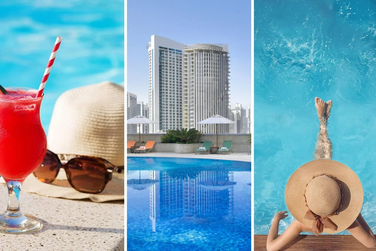 Three-panel image: Left shows a red cocktail with a straw, next to a hat and sunglasses by the pool. Center features a hotel building reflected in the pool. Right depicts a woman in a sunhat relaxing at the pool's edge.