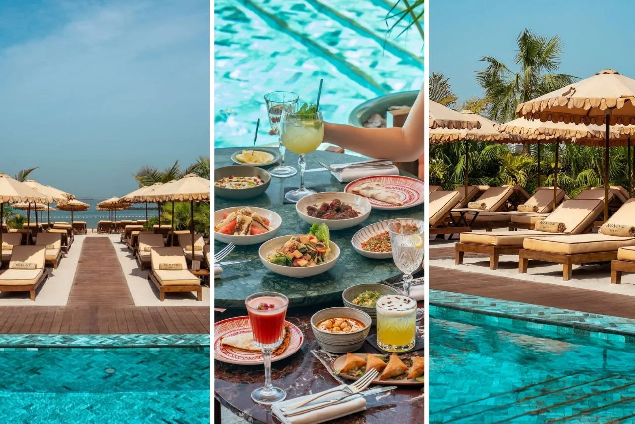Poolside retreat with sun loungers under umbrellas, elegant table set with diverse dishes and cocktails. Vibrant, relaxing ambiance evokes luxury.