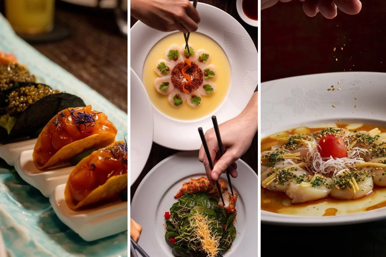 A triptych of gourmet dishes: Left shows sushi tacos with seaweed and caviar; center and right depict elegantly plated seafood with artistic garnishes.