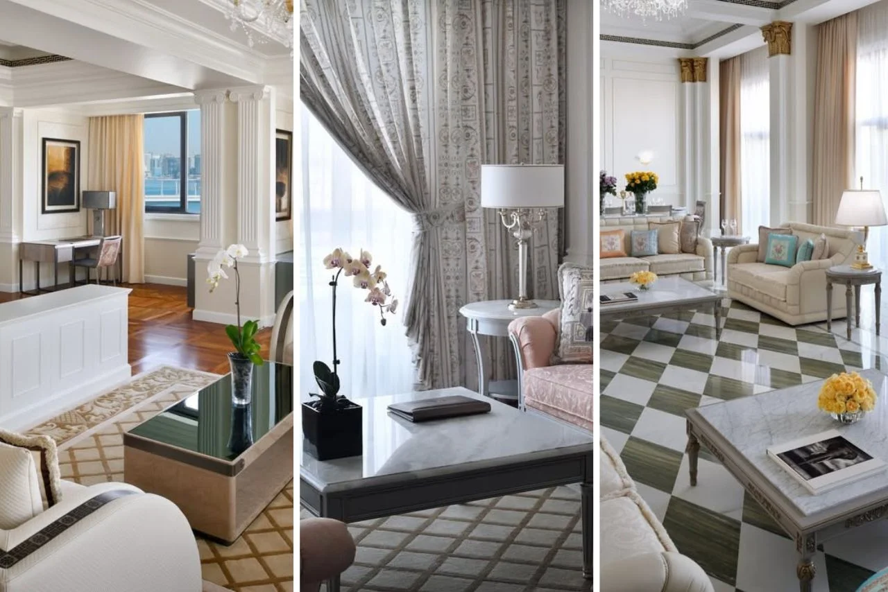 Elegant living room with plush sofas, marble tables, and floral accents. Ornate curtains and checkered floors add sophistication and luxury.