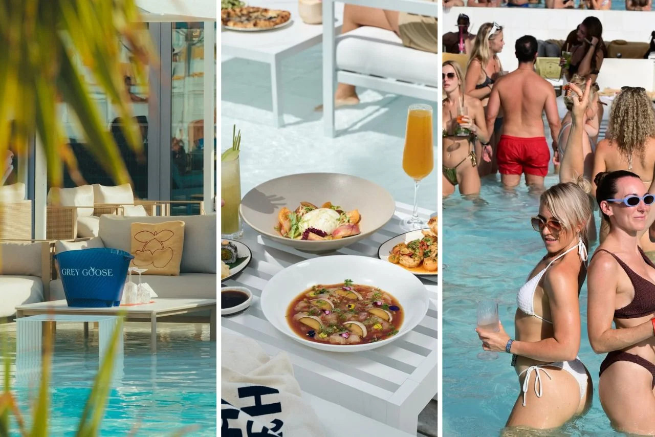 Three scenes from a lively pool party: a chic lounge area with a Grey Goose ice bucket, a table with vibrant dishes and drinks, and people joyfully relaxing in the pool.