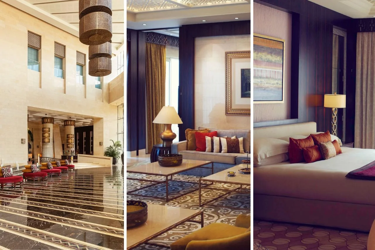 Luxurious hotel interior in three sections: grand lobby with high ceilings and chandeliers, elegant lounge with plush sofas, and cozy bedroom with warm lighting.