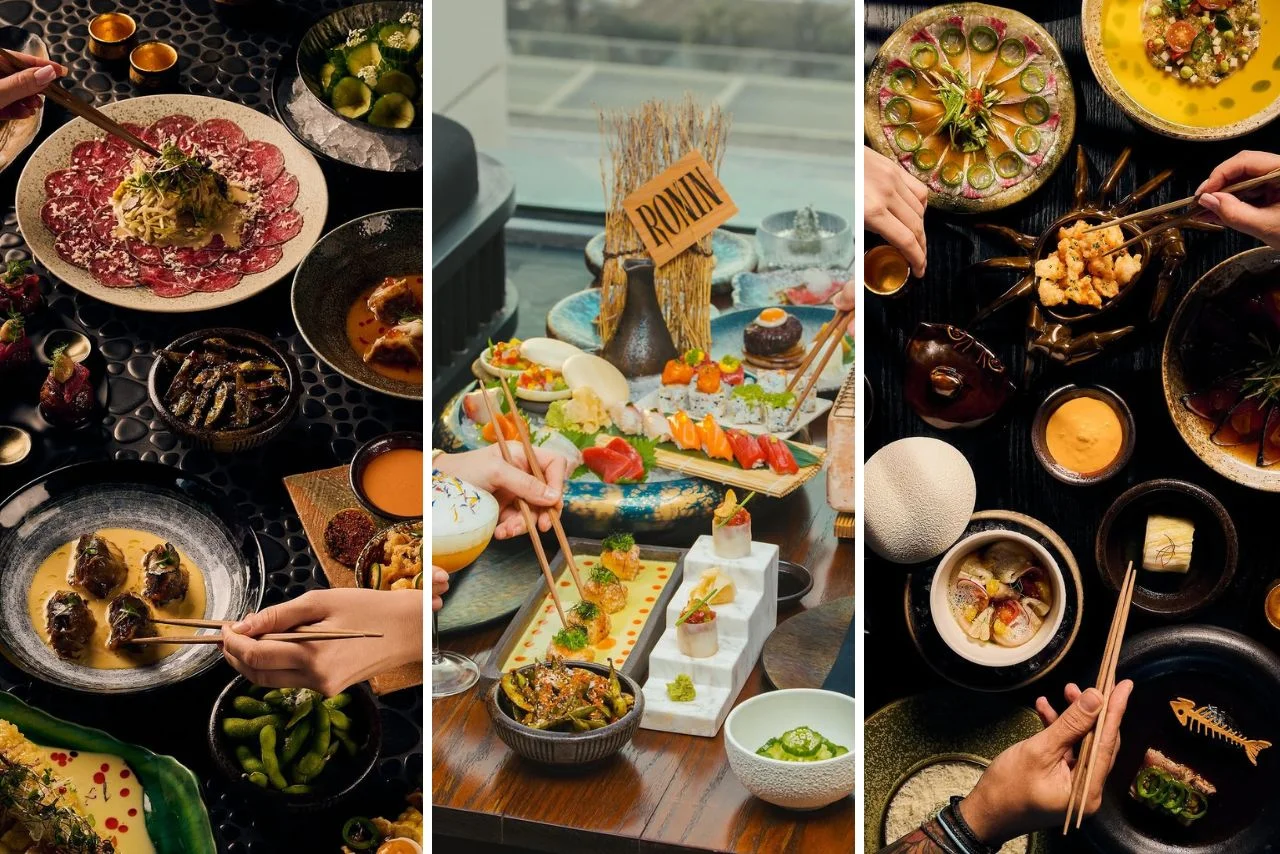 A collage of three gourmet meals. Left: Hands use chopsticks for diverse dishes on dark plates. Center: Vibrant sushi platter with fresh garnishes. Right: A mix of colorful, artfully presented dishes and hands with chopsticks, set against a dark background. The mood is elegant and sophisticated.