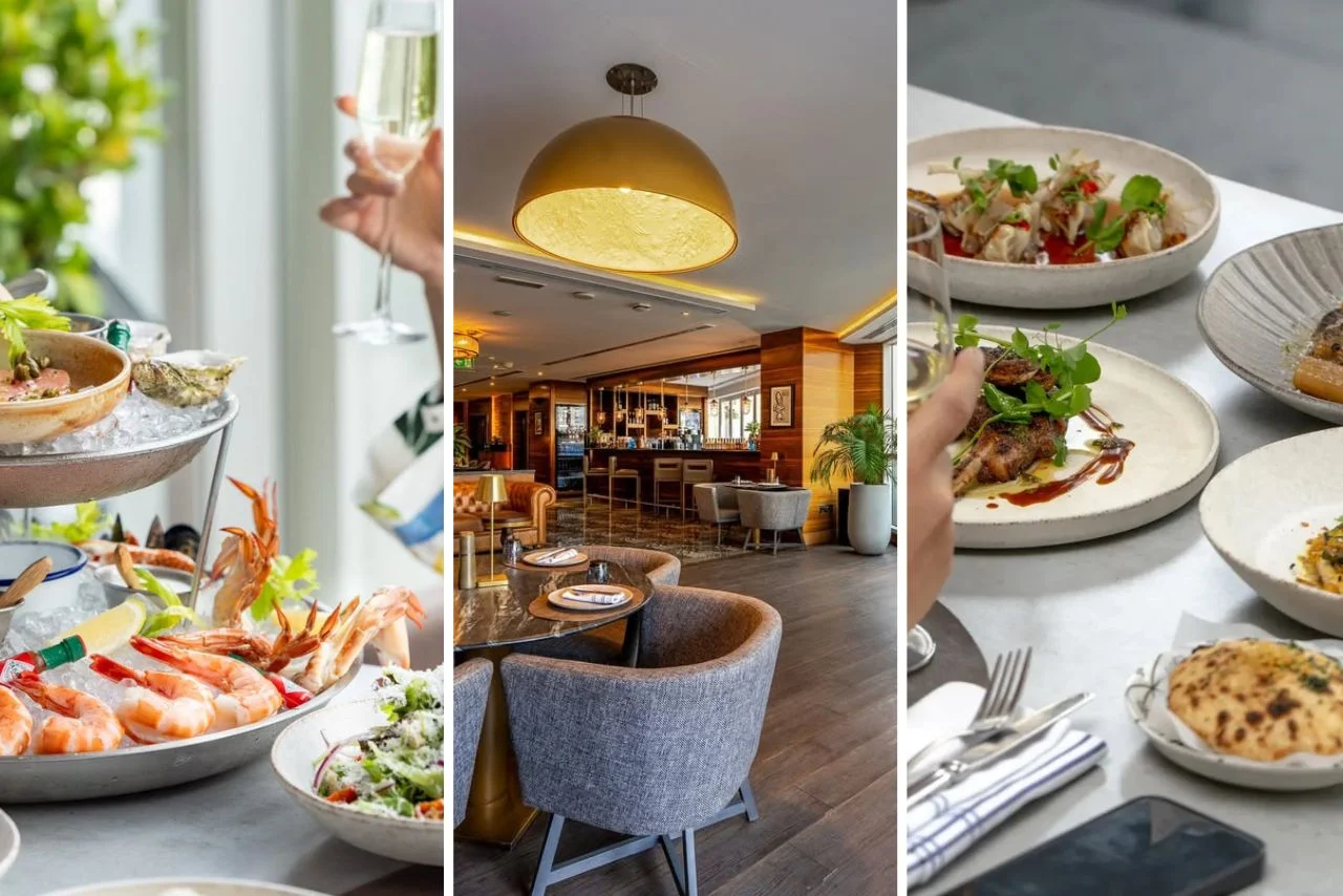 A collage of three images: a seafood platter with oysters and shrimp, a cozy modern restaurant interior with elegant seating, and gourmet dishes with a side of naan on a table.