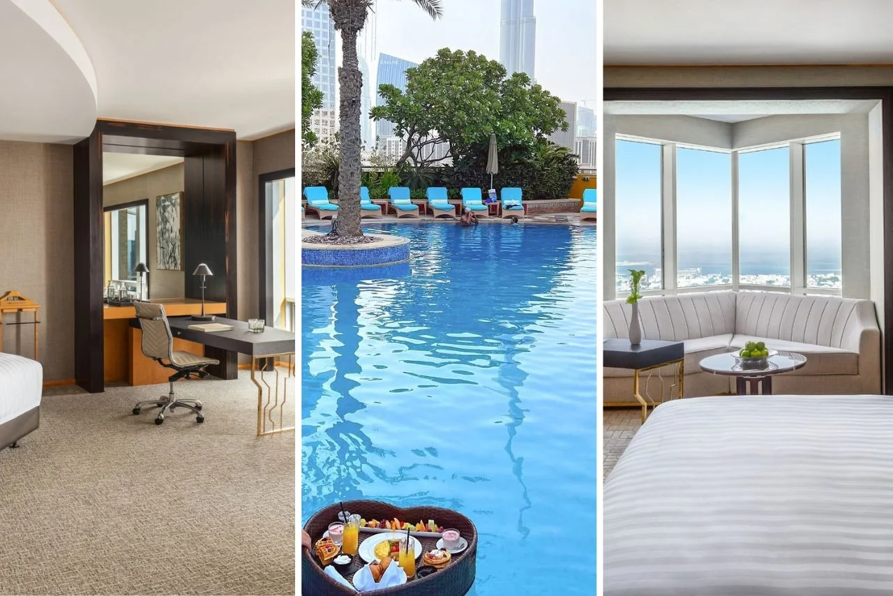 Three-panel image: A cozy hotel room with a desk, a refreshing pool with sun loungers and a floating breakfast tray, and a modern room with sea-view windows.