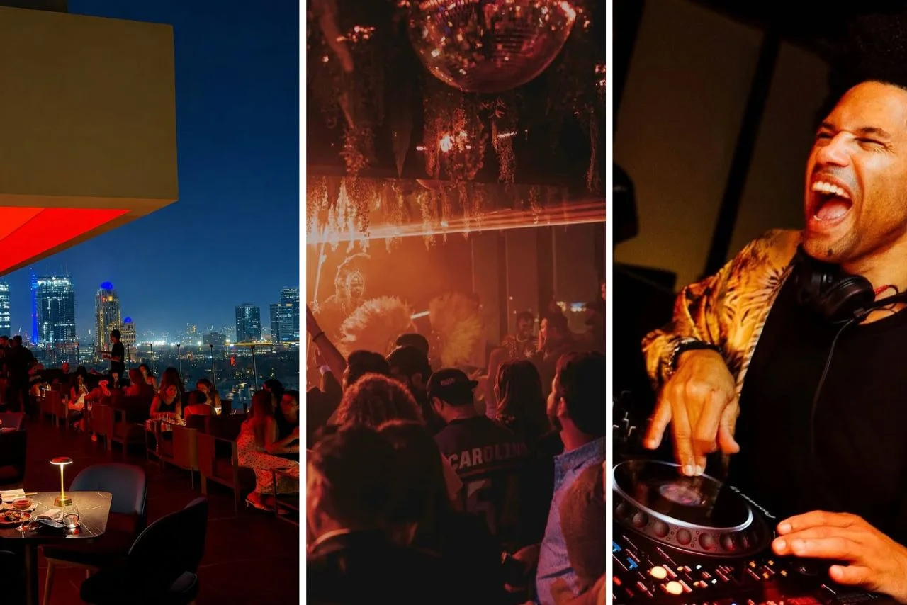 A collage of nightlife scenes: rooftop dining with city skyline, a crowded dance floor under red lighting, and a DJ energetically playing music.