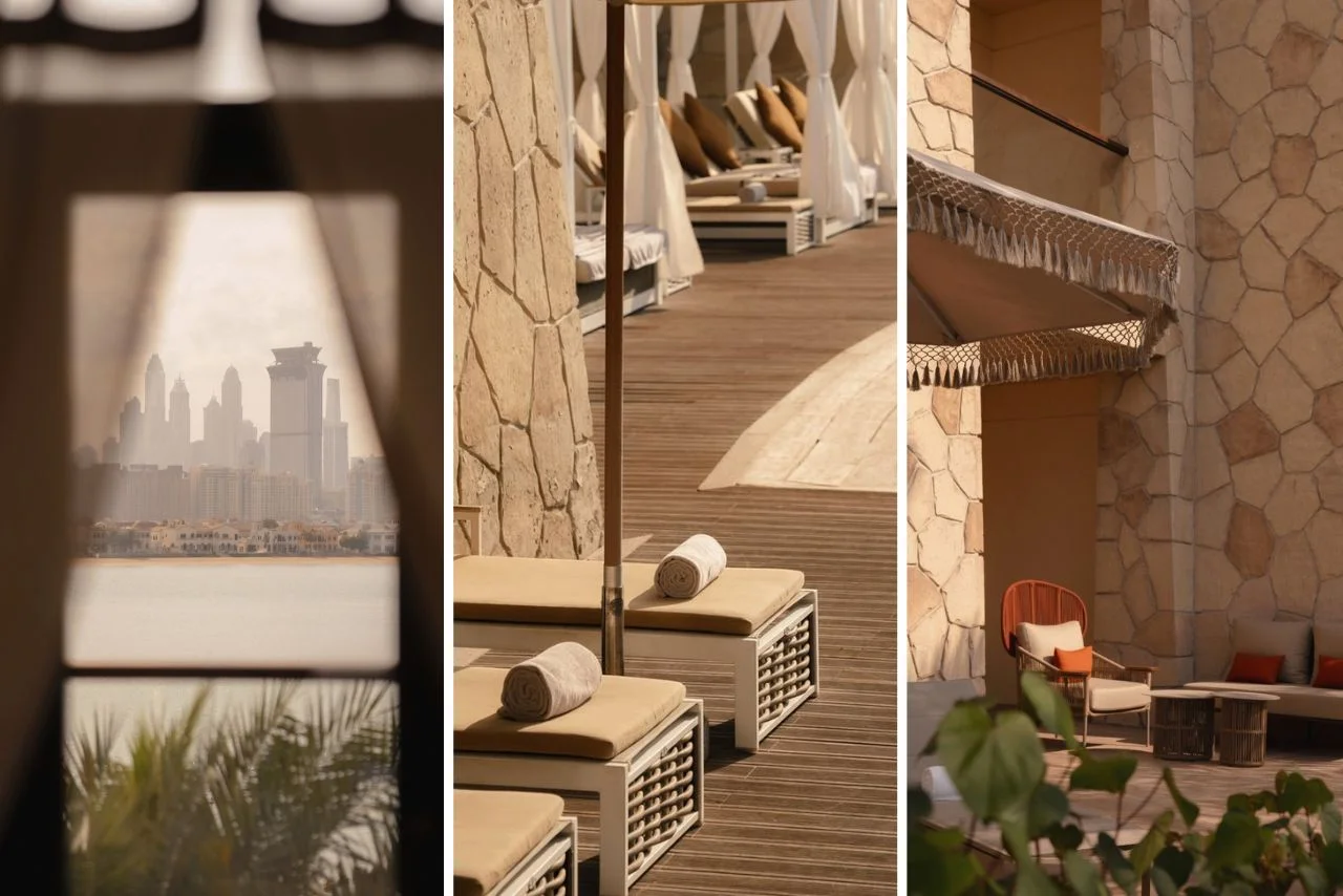 Triptych showing: city skyline through a window, luxurious poolside loungers with rolled towels, and a serene stone facade with outdoor seating. Relaxed ambiance.