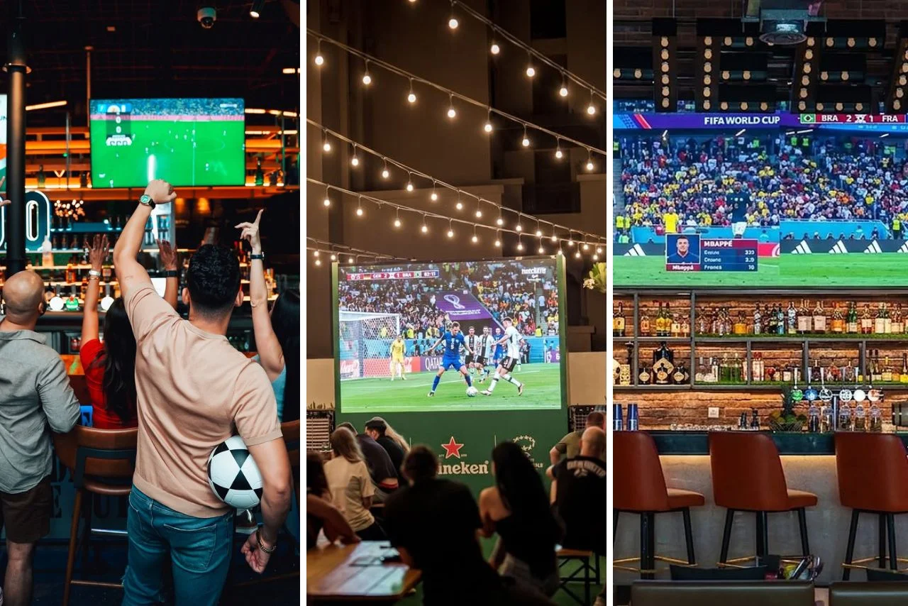 10 Best Sports Bars in Palm Jumeirah Dubai 34 Three images show people watching soccer in a bar with vibrant screens displaying matches. The atmosphere is lively, with anticipation and excitement.