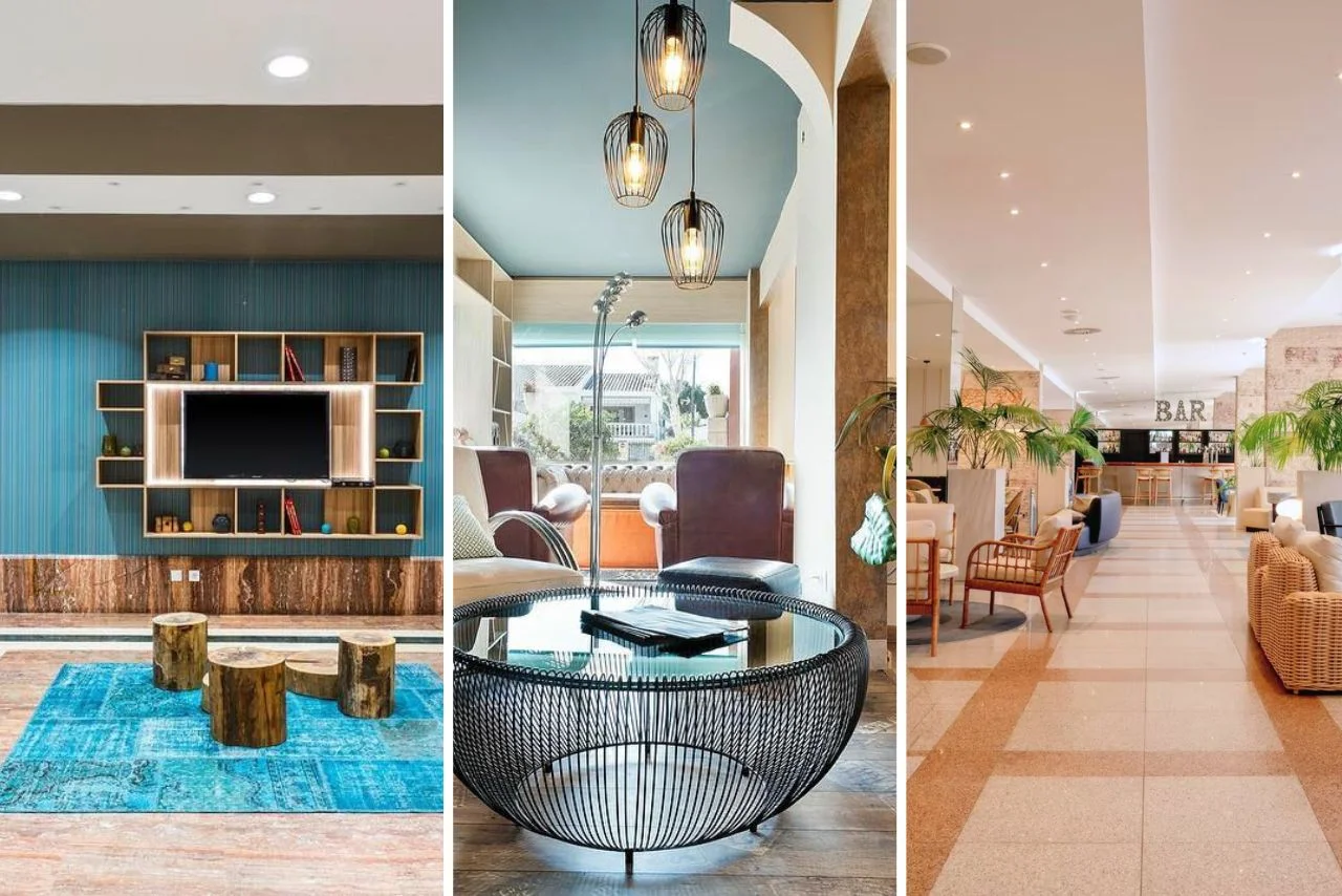 A split image shows three modern interiors: a media room with blue accents, a cozy sitting area with pendant lights, and a bright lobby with plants and seating.