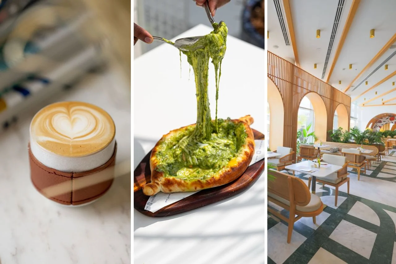 Three-panel image: Left shows a cappuccino with heart latte art on a marble table. Middle has a gooey cheese-filled bread with pesto. Right displays a bright, modern café with wooden arches and green plants.