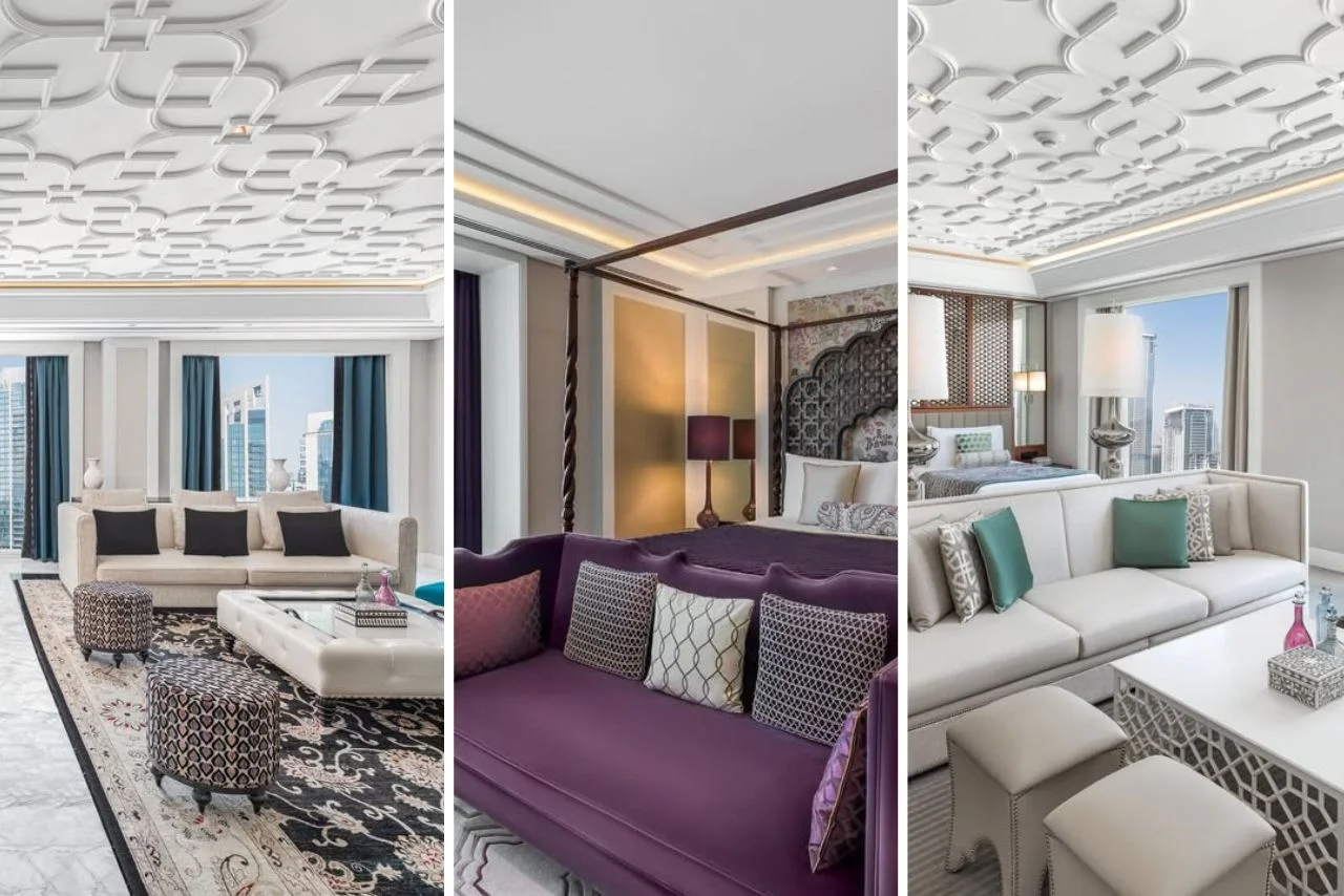 Luxurious modern hotel suite with intricate ceiling designs, city views, and elegant furnishings. Includes plush seating in cream and purple tones.